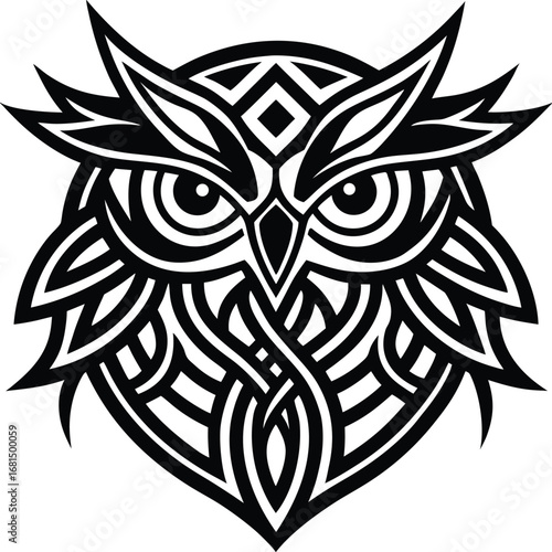 Vector art of intricate black and white tribal or celtic style illustration of an owls head, featuring detailed patterns and sharp features