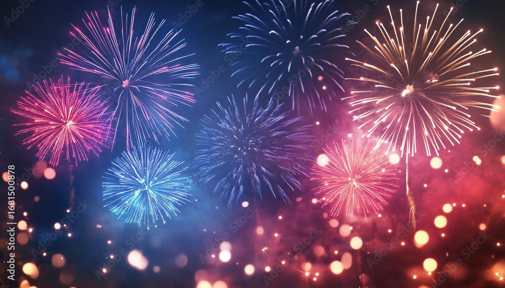 Fototapeta premium Colorful Fireworks Illuminating The Night Sky With A Galaxy-Like Blur Effect, Creating A Mesmerizing And Magical Display That Captivates The Audience.