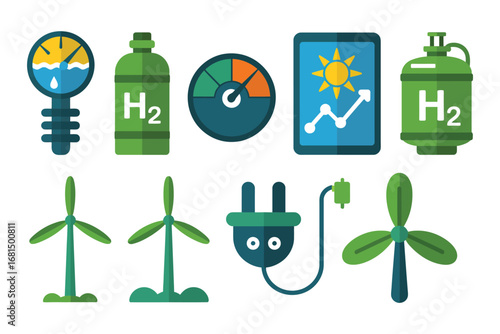Clean Energy Symbols, Sustainable Power Vector, Hydrogen and Wind Energy