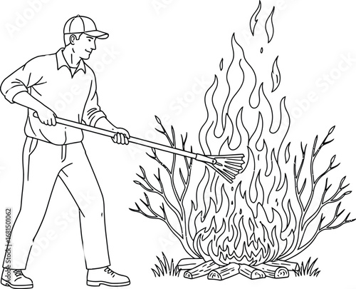 Man tending bonfire illustration line art fire safety drawing