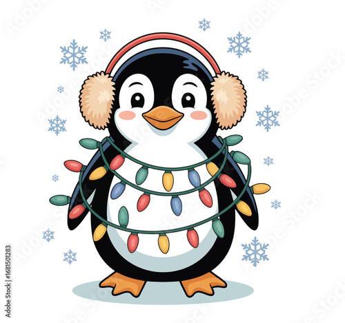 A charming, cartoon penguin is depicted wearing fluffy earmuffs and entangled in a string of colorful Christmas lights, surrounded by snowflakes.