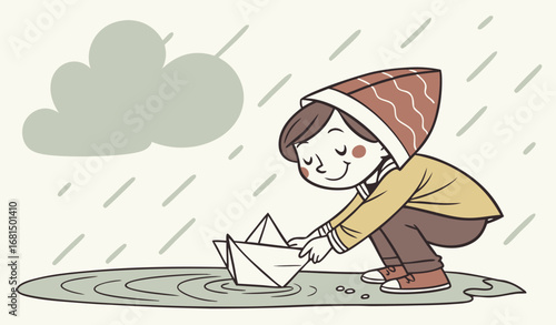 A child playing with a paper boat in a puddle, rainy day, heartwarming and artistic stock photography."