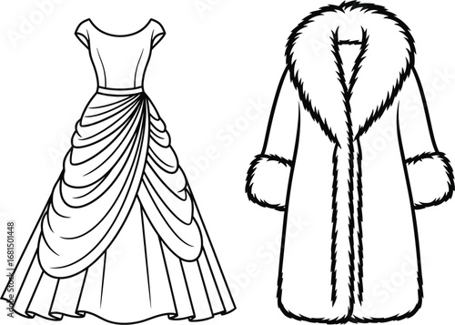 Elegant gown and fur coat fashion illustration outline drawing
