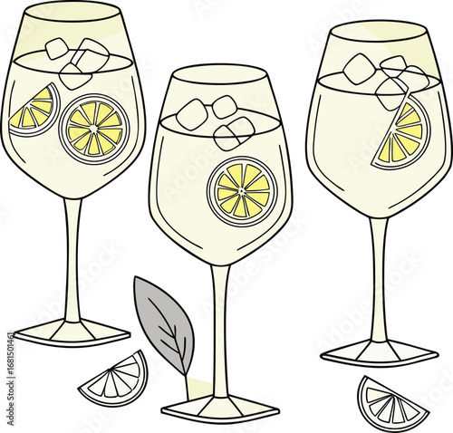Vector art of refreshing pitcher and glasses filled with lemonade, ice, and lemon slices, perfect for a hot summer day
