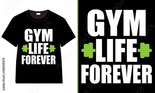 Gym Life Forever T‑Shirt, Bold Fitness Typography Tee with Green Dumbbell Icons, Black Workout Shirt