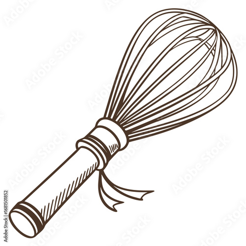 Vector art of handdrawn illustration of a kitchen whisk with a wooden handle and a ribbon, isolated on white background