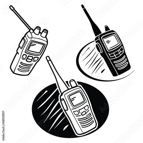 Vector art of three walkietalkies, two in black and white ovals and one, representing communication and portable radio devices