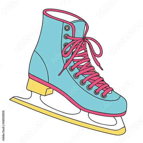 A blue figure ice skate with pink laces and accents, isolated on a white background, ready for winter sport