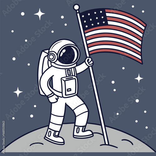 Vector art of astronaut planting the american flag on the moon with stars in the background, symbolizing space exploration and national pride