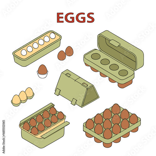 Vector art of collection of various egg cartons and loose eggs in different quantities and colors, isolated on a