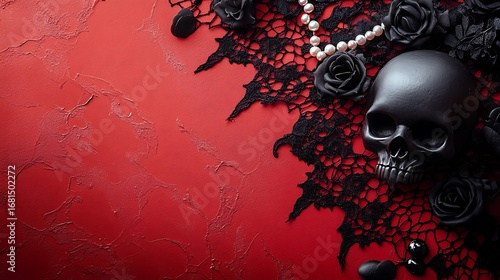 Fototapeta Naklejka Na Ścianę i Meble -  Stock photo of halloween skull roses lace and pearls on red background