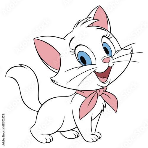 Vector art of cute white kitten with blue eyes and pink bow, isolated on white background