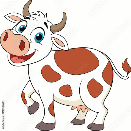 Vector art of a happy cartoon cow with brown spots standing and smiling, isolated on white background