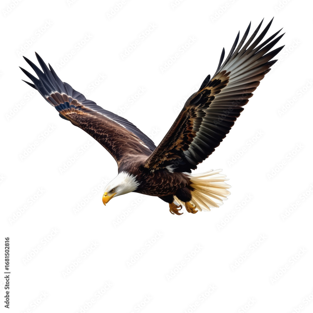 Obraz premium Majestic Bald Eagle in Flight with Extended Wingspan Showing Detailed Feathers and Talons Against White Background