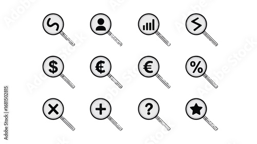A set of 12 black and white currency and business icons arranged in a 3x4 grid, each enclosed in a circular magnifying glass frame.