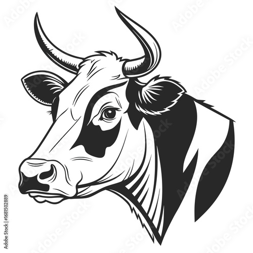 Illustration of a black and white cow head with horns, suitable for agricultural or dairy themes, isolated on white background