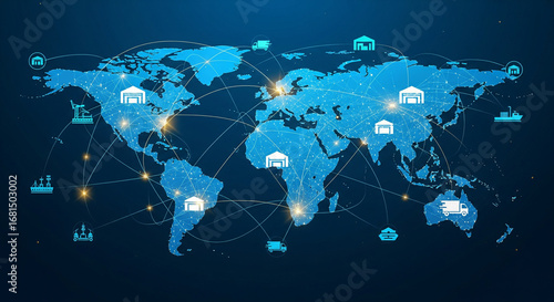 A conceptual, abstract illustration of a network of glowing, interconnected lines and nodes representing a seamless global supply chain. The lines crisscross continents and connect to stylized icons o