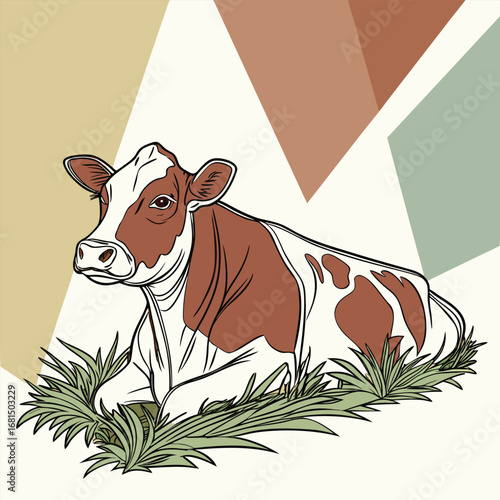Vector art of a brown and white cow is resting peacefully on a patch of green grass, with a light beige background