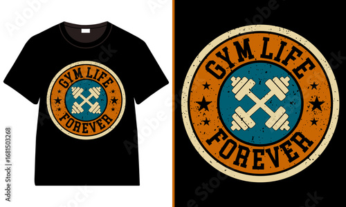 Gym Life Forever Vintage Badge T-Shirt, Retro Distressed Crossed Dumbbells Workout Tee