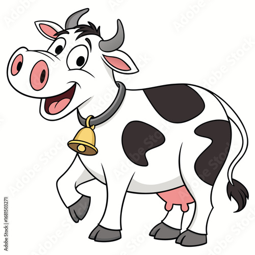 Vector art of a happy cartoon cow with black spots and a bell around its neck, smiling and looking at the viewer, isolated on white background