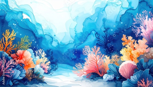 Watercolor background inspired by underwater reef scenery. Vibrant underwater coral reef scenery.