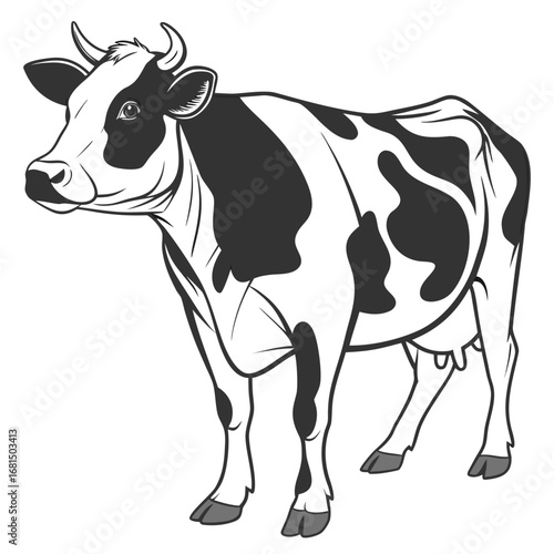 Vector art of a black and white holstein friesian cow standing, a common breed known for dairy production, isolated on white background