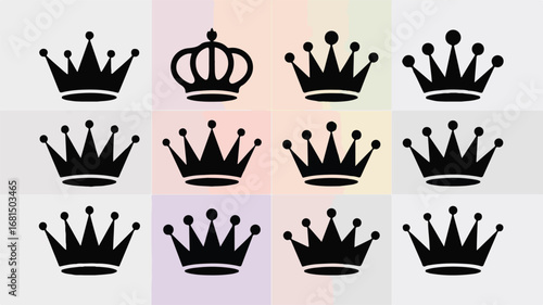 A set of 12 black crown silhouettes arranged in a 3x4 grid against a white background. Editable stroke.