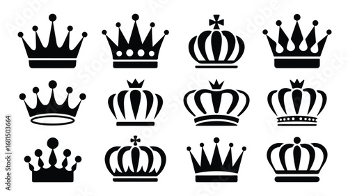A set of 12 black crown silhouettes arranged in a 3x4 grid against a white background. Editable stroke.