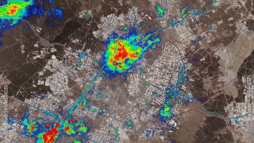 Aerial view of city heatmap showing traffic patterns, city planning and population density with red and blue indicators.