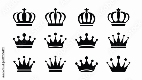 A set of 12 black crown silhouettes arranged in a 3x4 grid against a white background. Editable stroke.