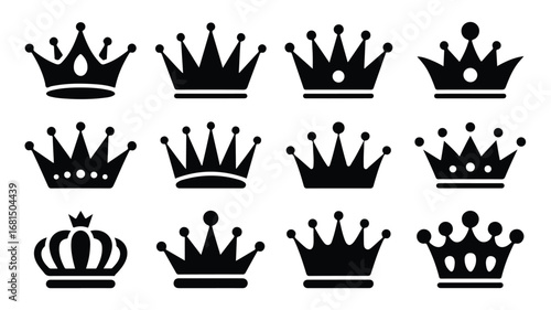 A set of 12 black crown silhouettes arranged in a 3x4 grid against a white background. Editable stroke.