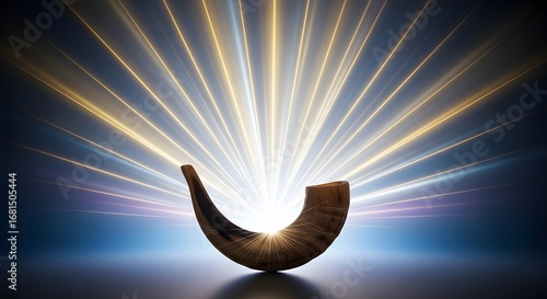 A traditional Jewish shofar, a ram's horn, sits on a reflective surface with brilliant golden light rays emanating from behind it.