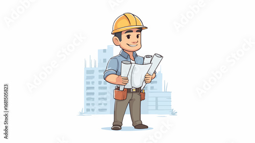 Construction worker with blueprints on site