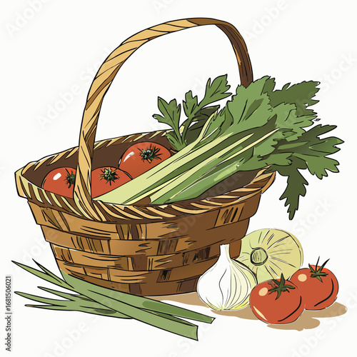 Vector art of a woven basket filled with fresh vegetables including tomatoes, celery, garlic, and green onions, with some vegetables scattered around the basket on a