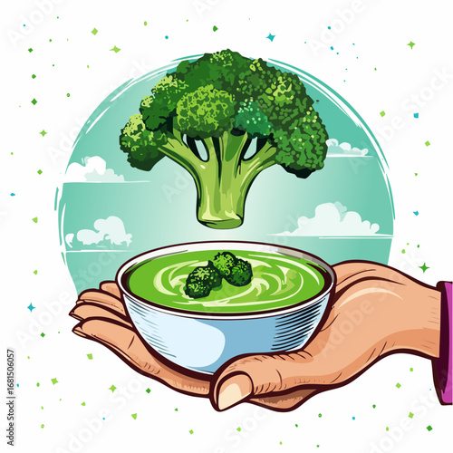 Hand Holding Bowl of Green Broccoli Soup Illustration