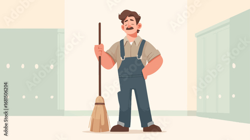 Custodian holding broom indoor setting