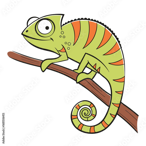 Cute cartoon green chameleon with orange stripes sitting on a tree branch, isolated on white background