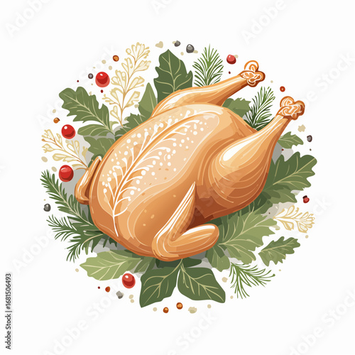 Roasted Chicken with Herbs and Spices Holiday Dinner Illustration