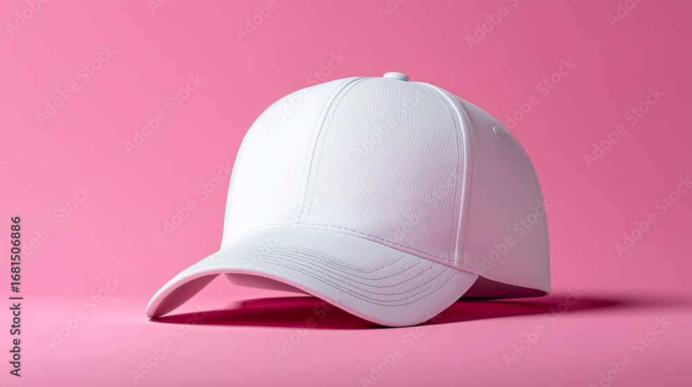 Fototapeta premium White baseball cap on a pink background.