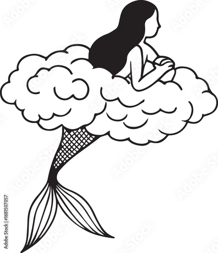 Mermaid Sitting on a Cloud with Long Hair and Tail in Black and White mythical creature fantasy