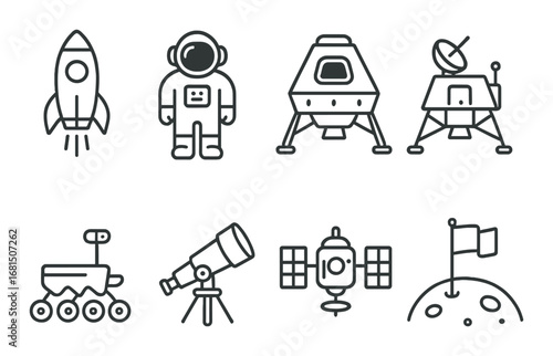 Camping essentials icons: tent, flashlight, compass, campfire, sleeping bag, kettle, backpack, hiking boot