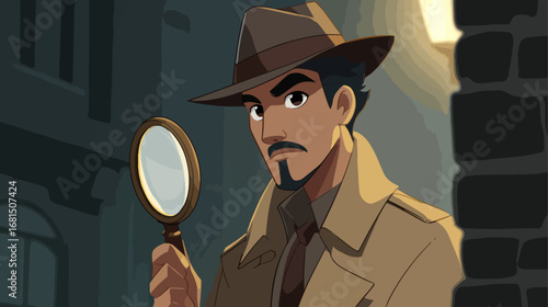 Detective cartoon character with magnifying glass