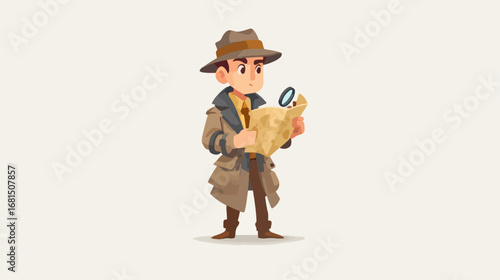 Detective character studying map with magnifying glass