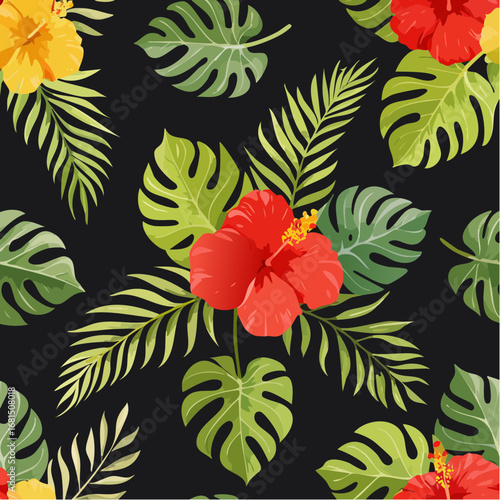 Seamless pattern tropical leaves with red hibiscus flower and bird of paradise
4