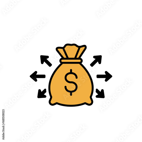 Investment Strategy Icon: Illustrating financial opportunity and diversification, a stylized bag of money radiates directional arrows, symbolizing growth, and intelligent asset allocation.