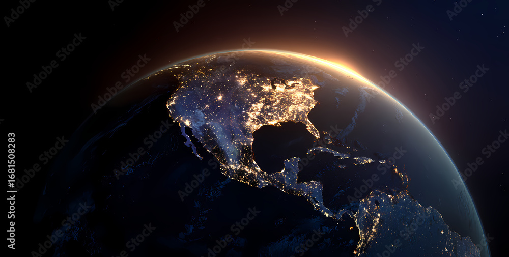 Obraz premium Digital Network Connections Across Earth at Sunrise