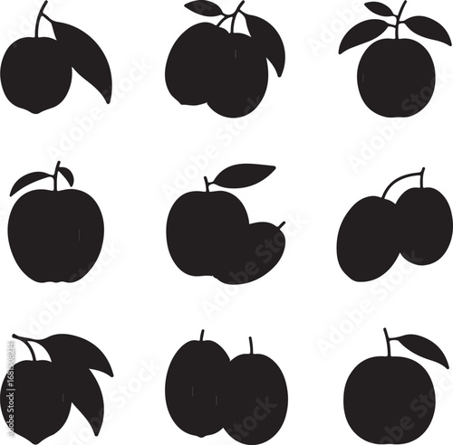 Black fruit silhouettes with leaves apple plum
