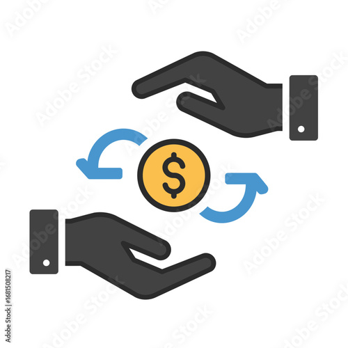 Financial Transaction Exchange Icon: This vector icon portrays a financial exchange between two entities, with a dollar coin symbolizing the core of the transaction.
