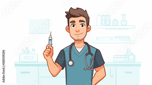 Doctor holding syringe in cartoon style