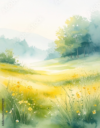 Watercolor background of abstract foggy meadow in early morning.